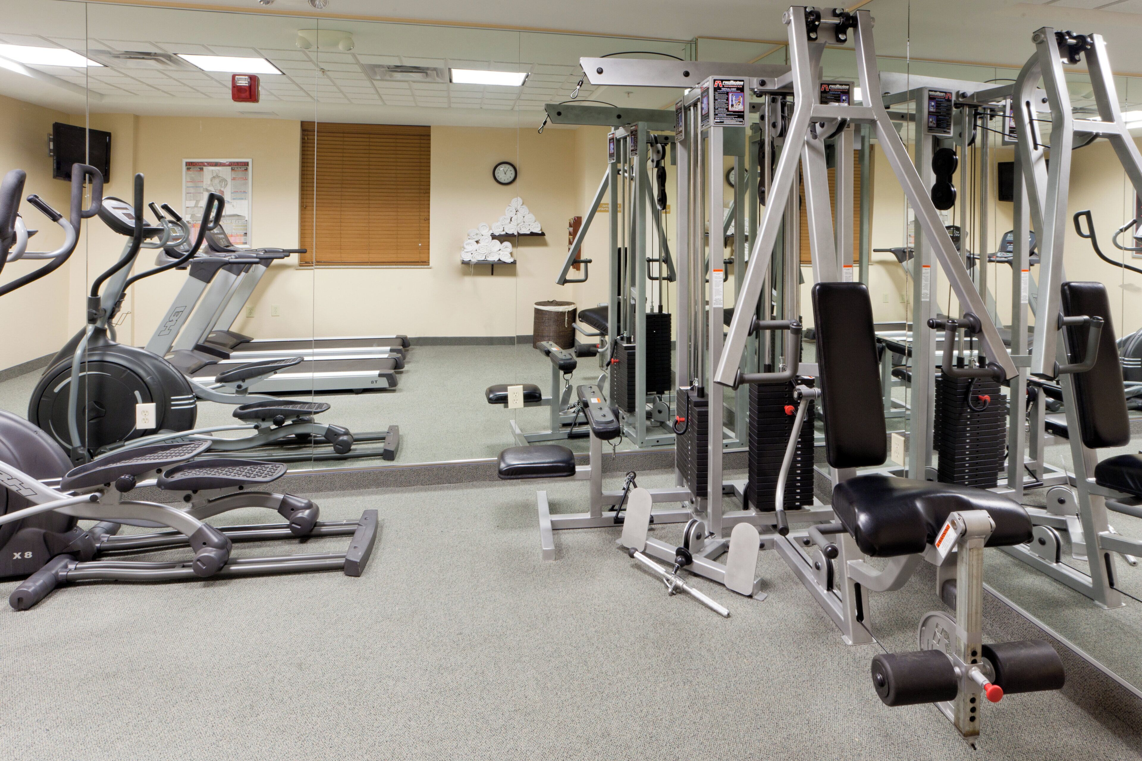 A gym with various exercise equipment including treadmills, weight machines, and free weights.