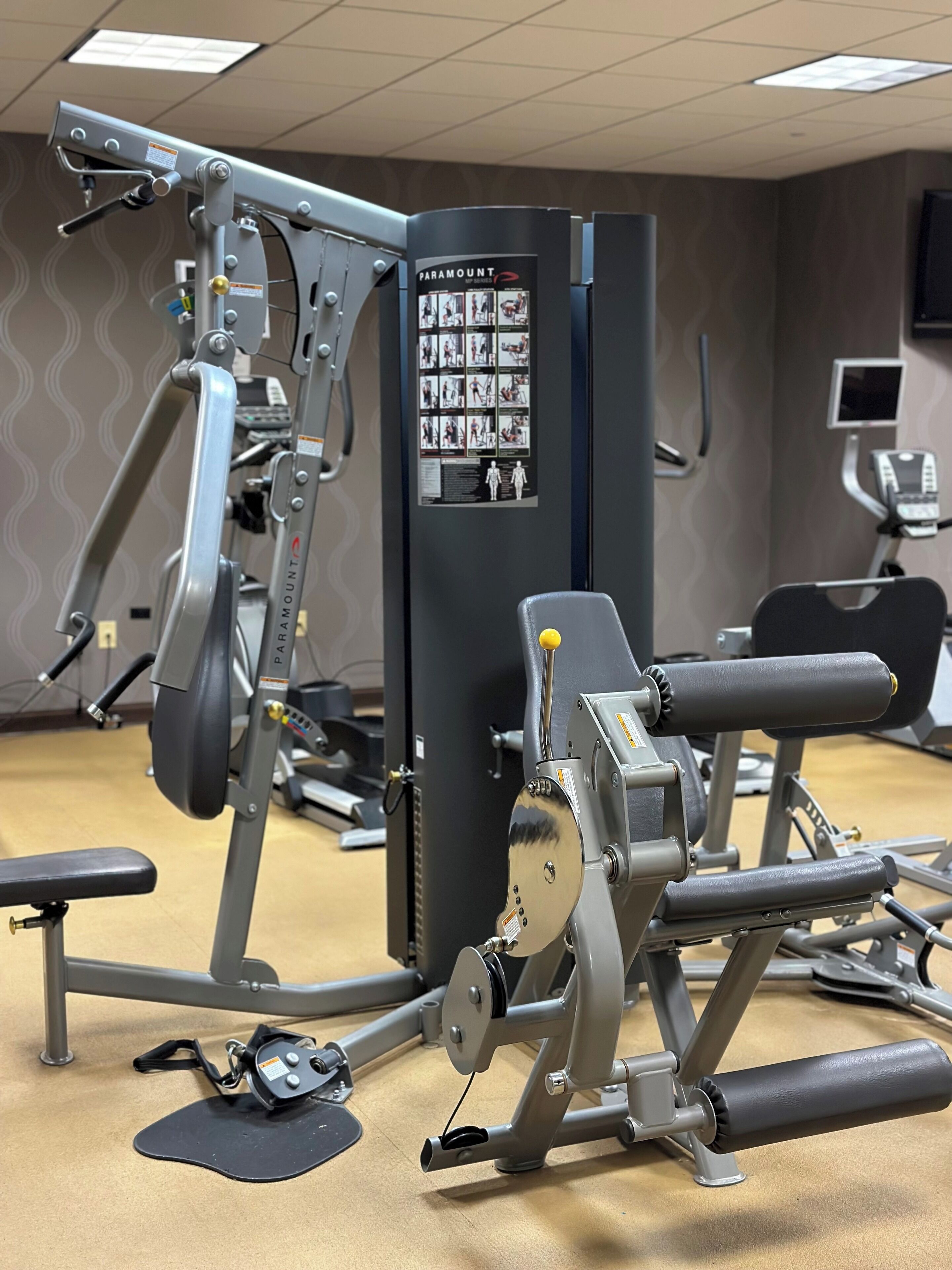 A gym with various exercise machines, including a chest press machine and a leg press machine.