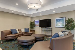 Una sala de estar moderna con un sofá seccional, otomanas, un televisor de pantalla plana y dos plantas en macetas.