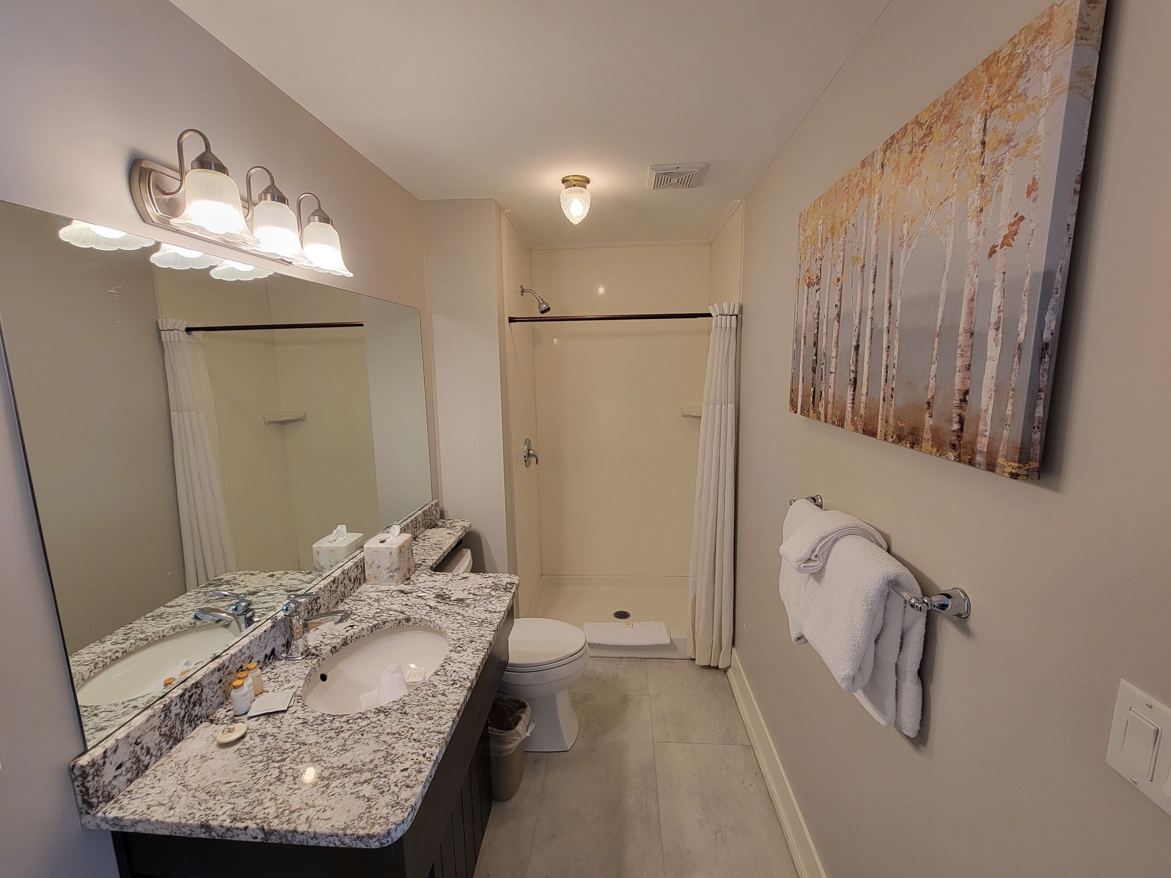 A bathroom with a double sink, a toilet, a shower, and a towel rack.