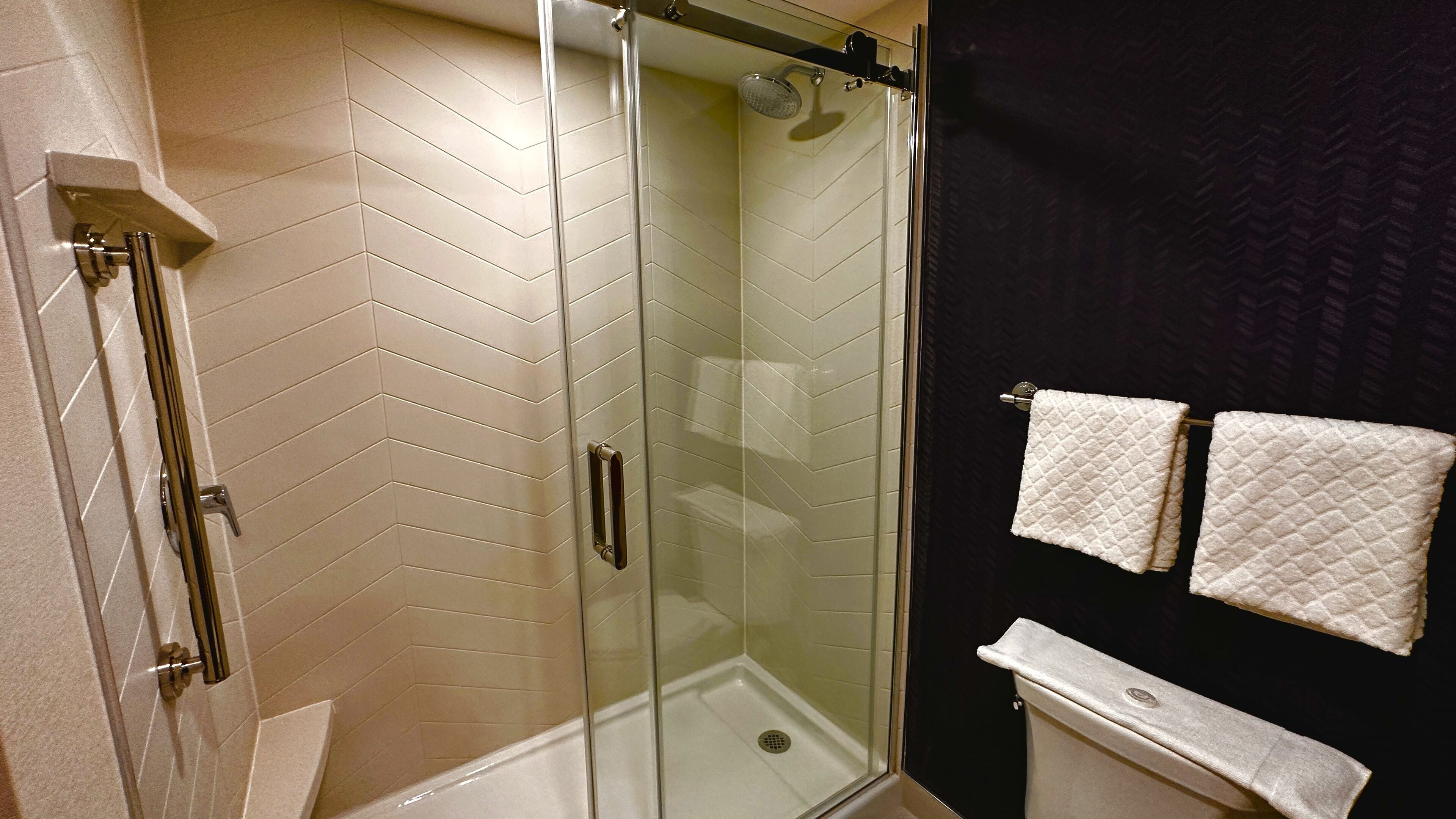 A modern bathroom with a glass shower enclosure, a white toilet, and two white towels hanging on a rack.