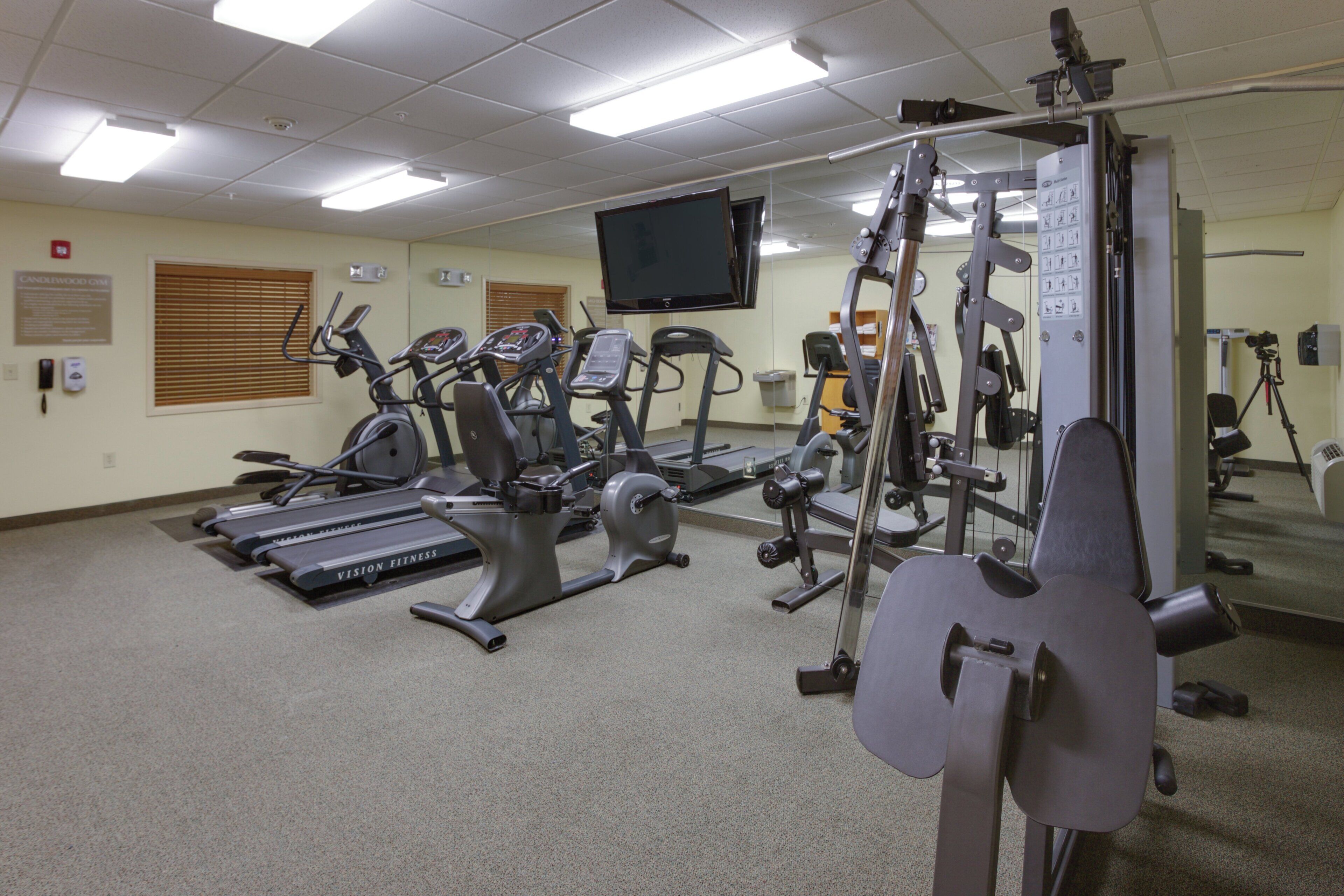 A gym with treadmills, elliptical machines, and weight equipment.