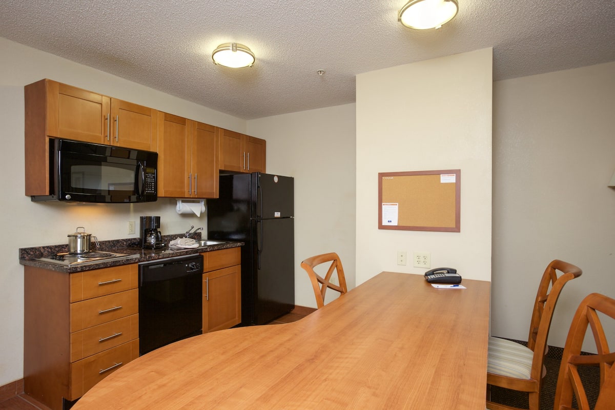 1 bedroom, desk, blackout curtains, iron/ironing board