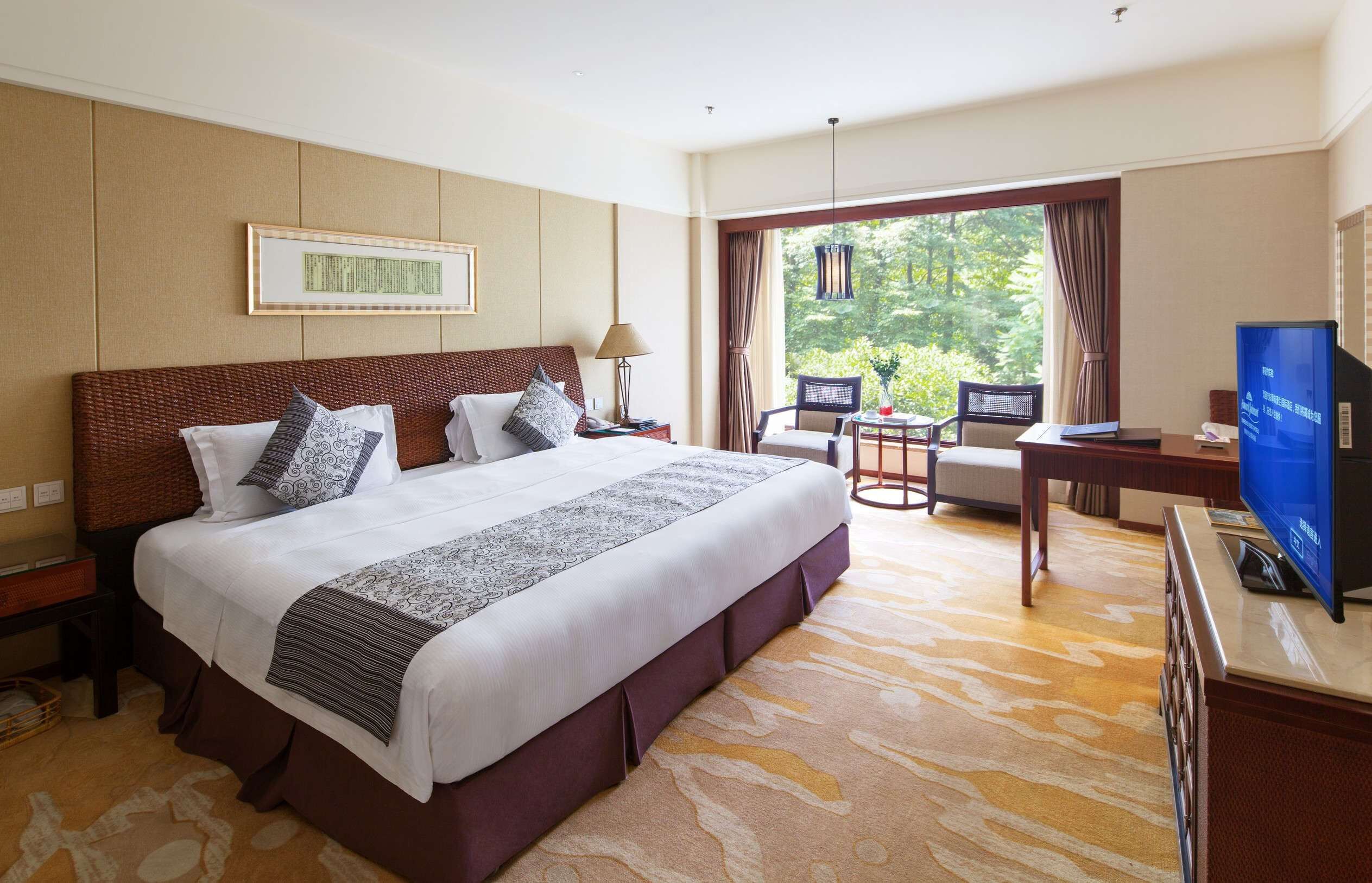 Een hotelkamer met een groot bed, een bureau, een televisie en uitzicht op groen.