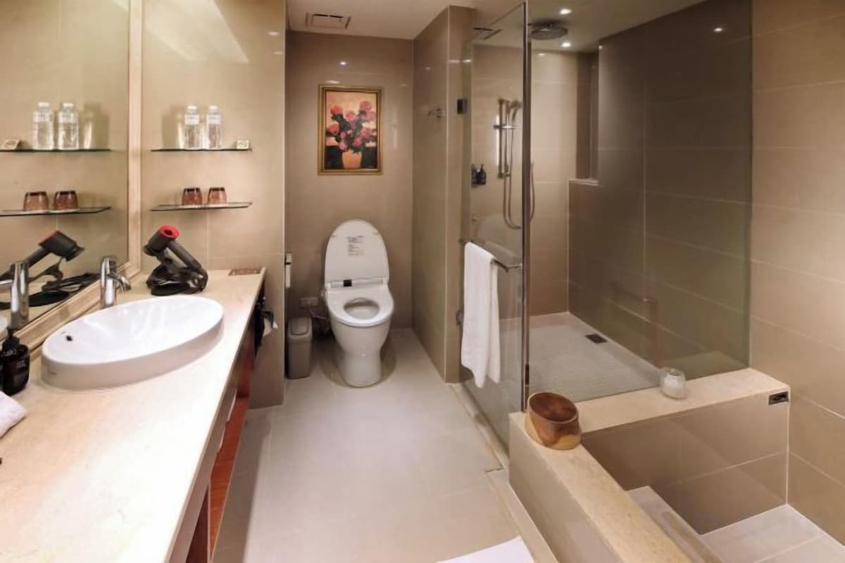 Separate tub and shower, deep soaking tub, rainfall showerhead
