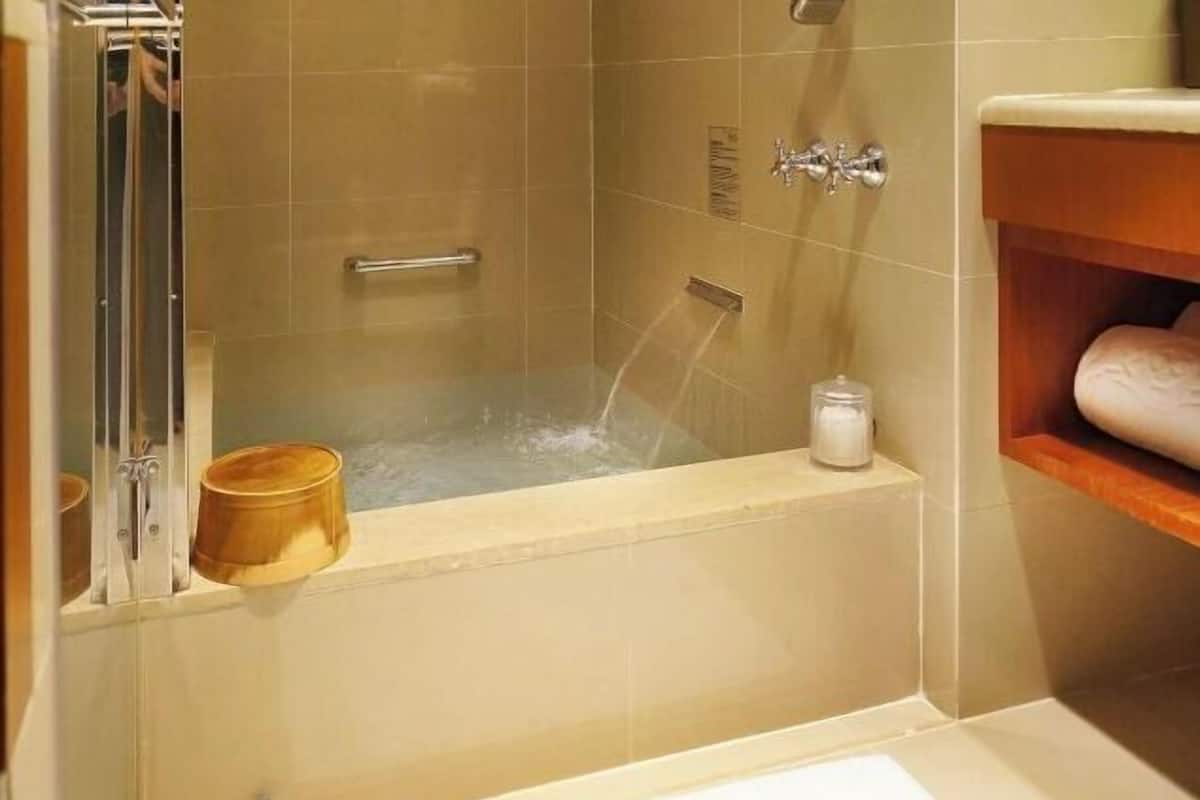 Separate bathtub and shower, deep-soaking bathtub, rainfall showerhead