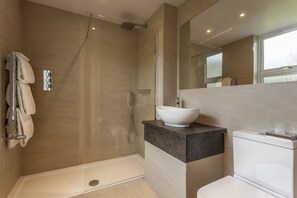 A modern bathroom with a glass-enclosed shower, a white sink, and a toilet.
