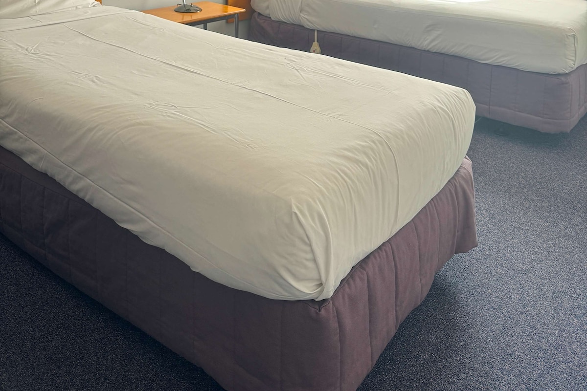 Habitación de hotel con dos camas, una mesita de noche con lámpara, una ventana con cortinas y un cuadro en la pared.