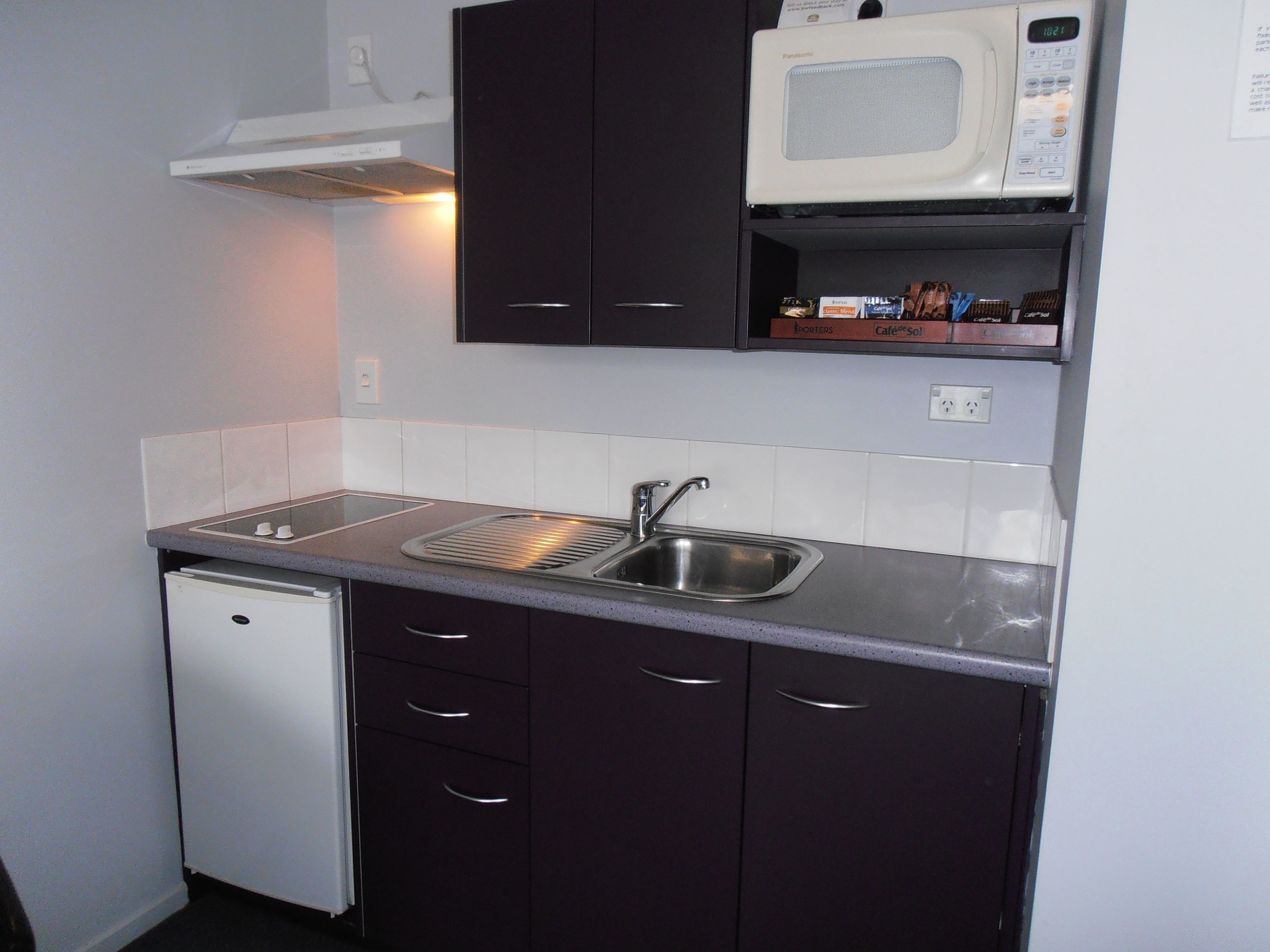 fridge, microwave, coffee/tea maker, electric kettle