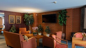 A furnished living room with a brick wall, a flat-screen TV, and several potted plants. - Tahetorni Hotel (Tallinn)