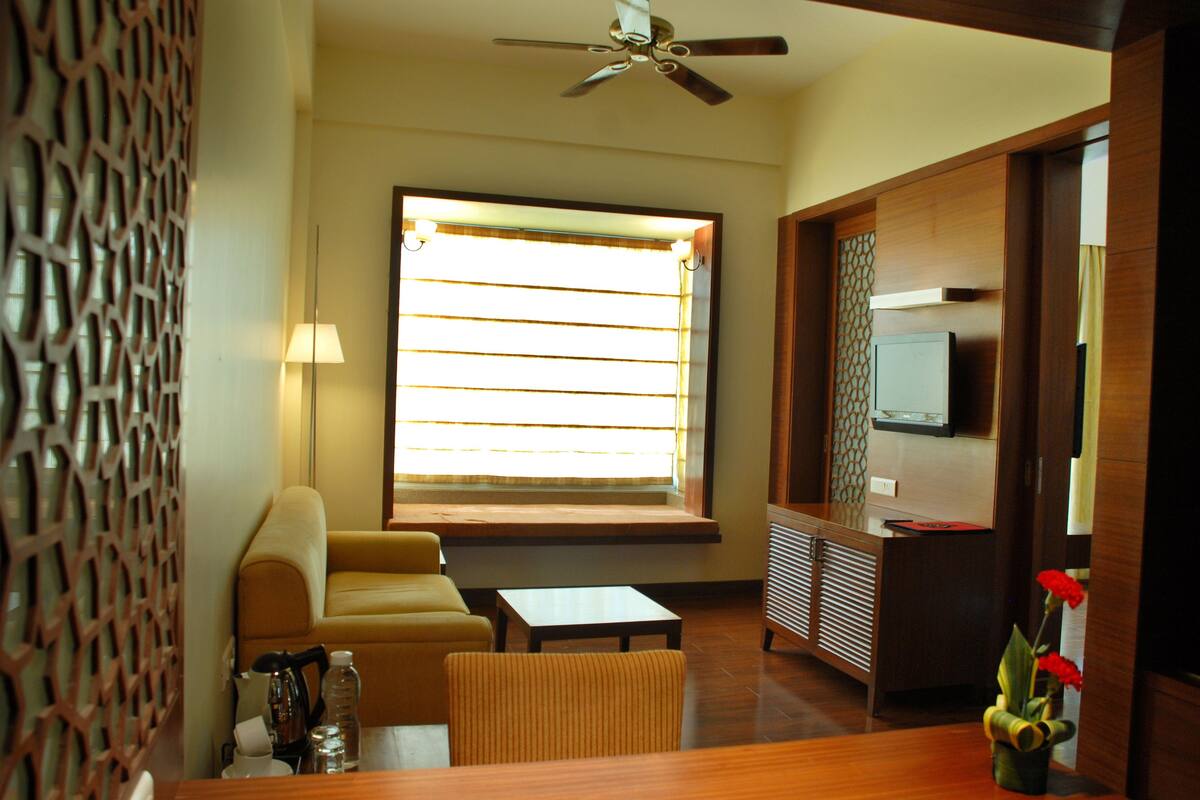 A room with a sofa, a small table, a ceiling fan, a window with blinds, a television, and a decorative plant.