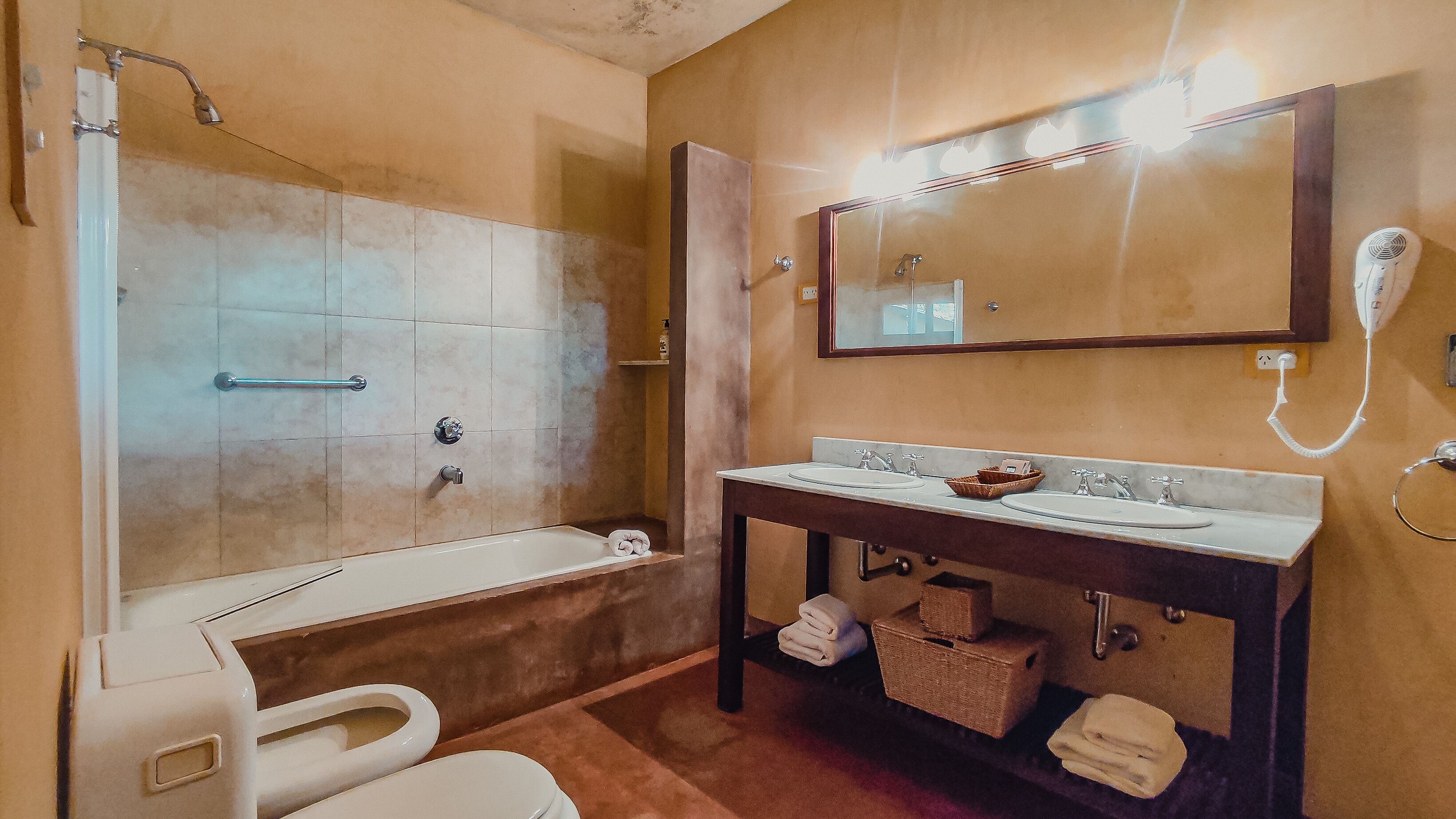 A bathroom with a bathtub, a shower, a sink with a mirror, and a toilet.