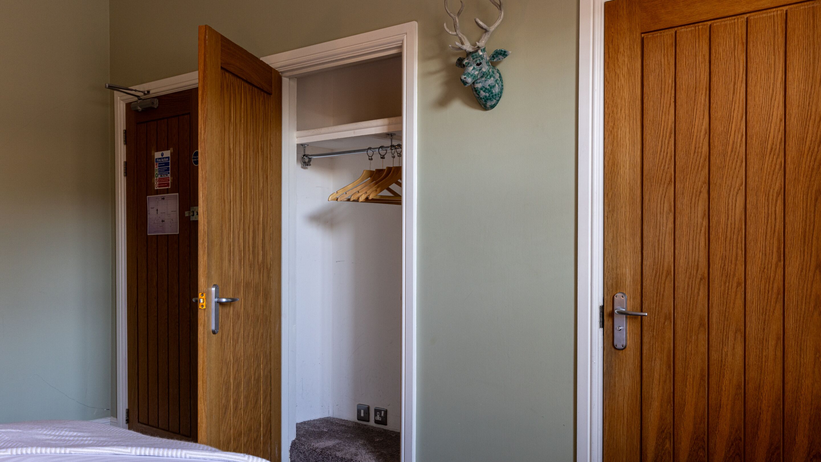 A bedroom with a wooden door, a bed, a closet with a coat rack, and a wall-mounted deer head decoration.