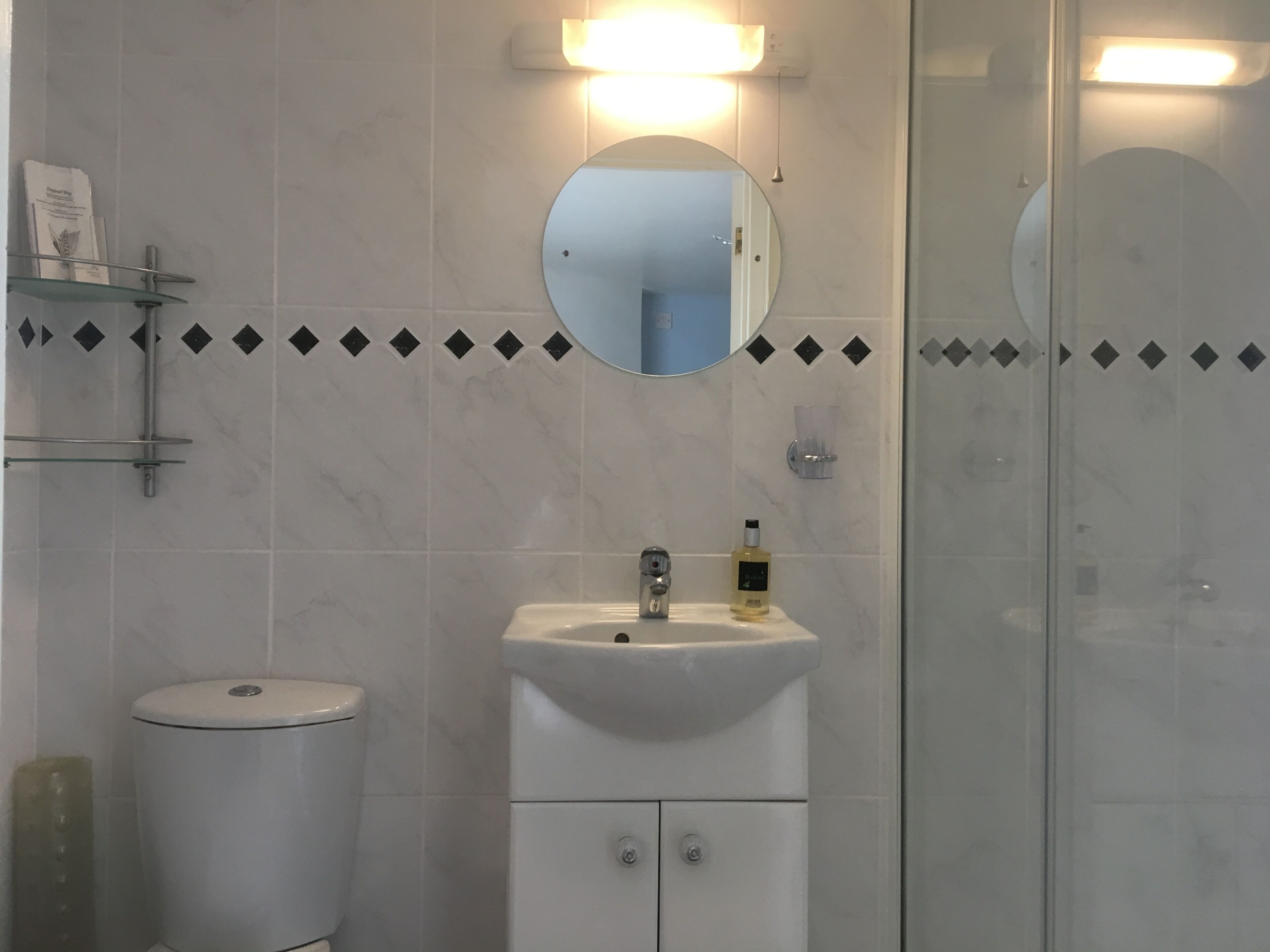 Ein Badezimmer mit einem weißen Waschbecken, einem Spiegel und einer Toilette. Es gibt ein Regal mit Pflegeprodukten und eine Duschkabine aus Glas.