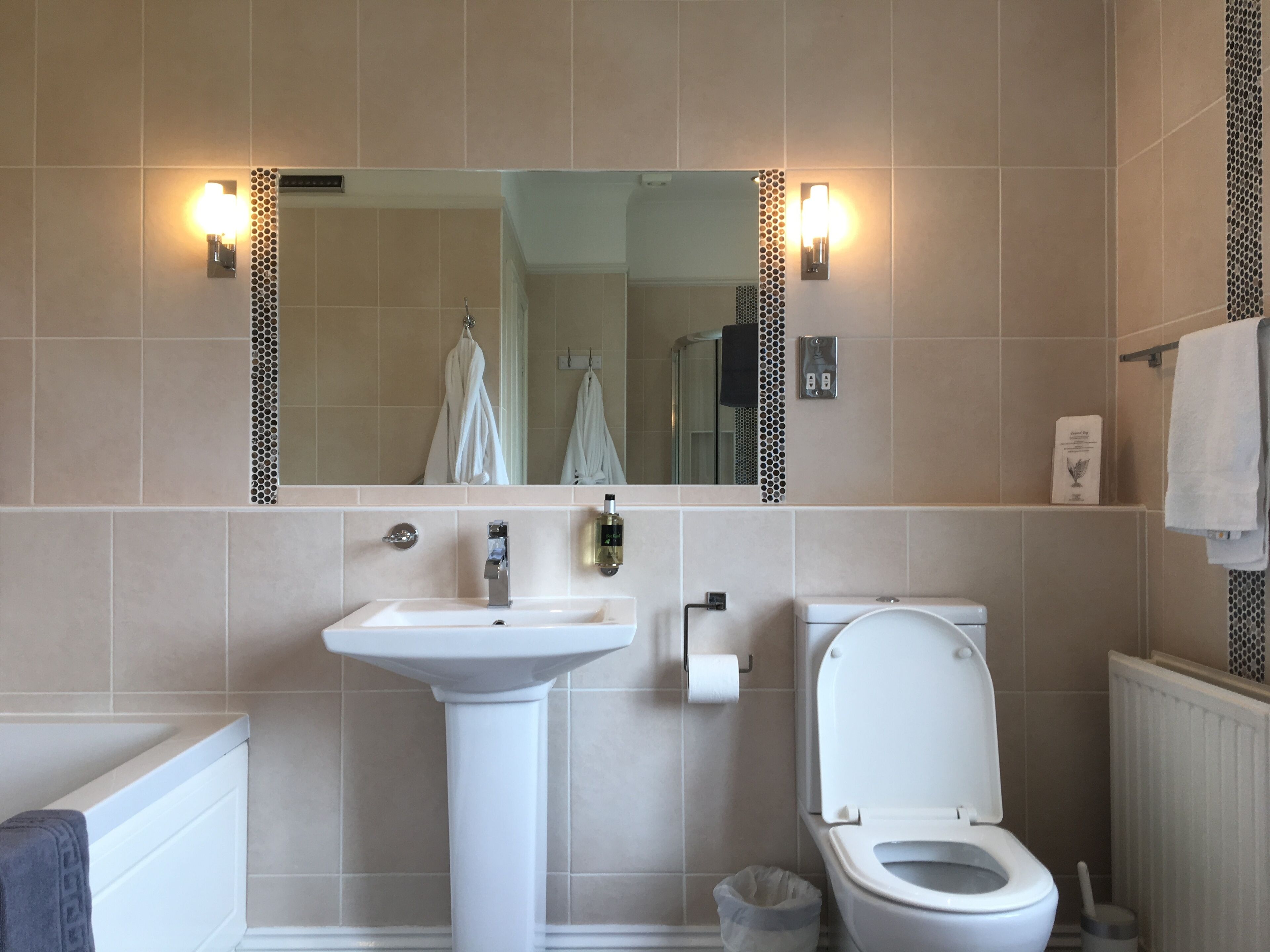 A bathroom with a sink, toilet, and mirror.