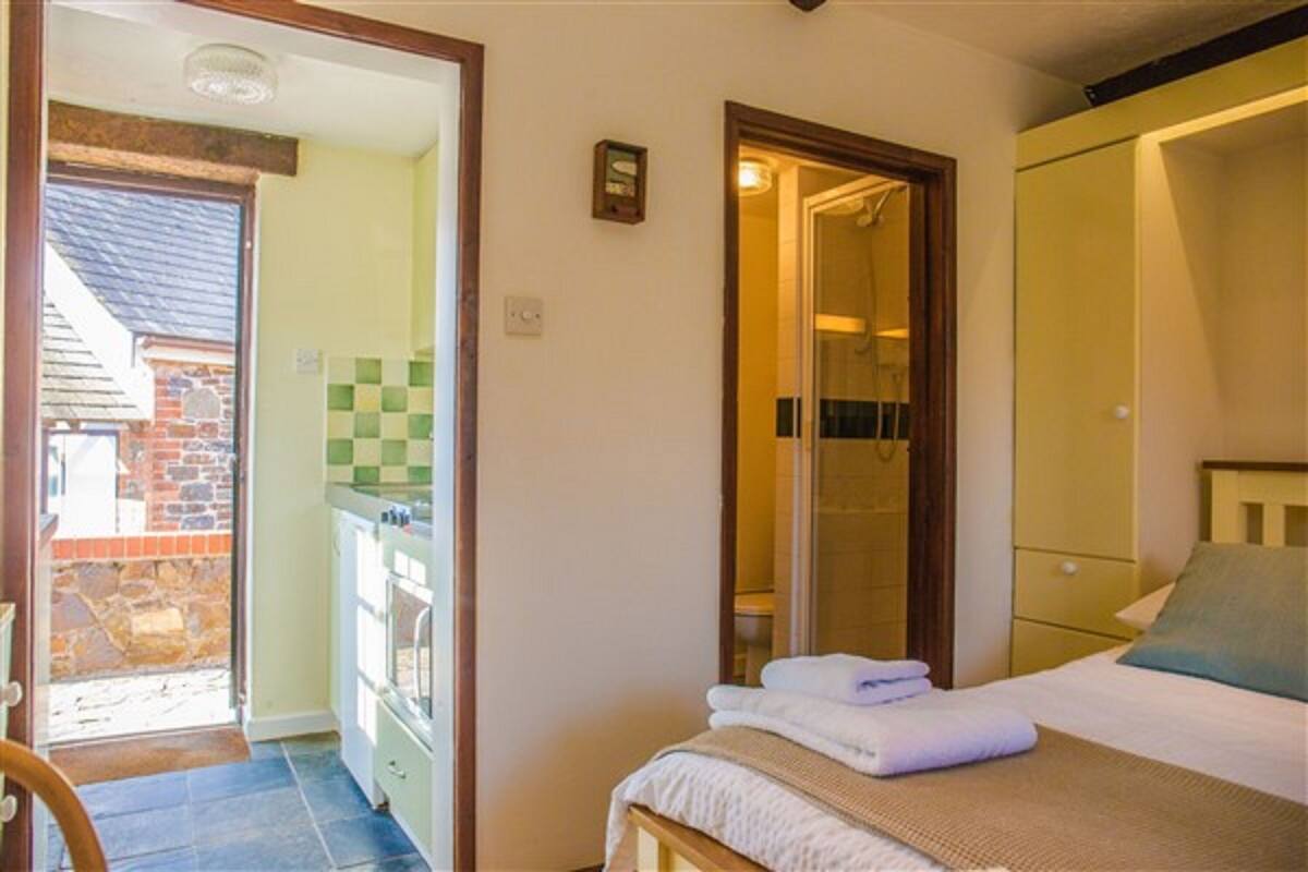 Une chambre à coucher comprenant un lit, une tête de lit en bois, une table de chevet et une salle de bain avec douche et toilettes.