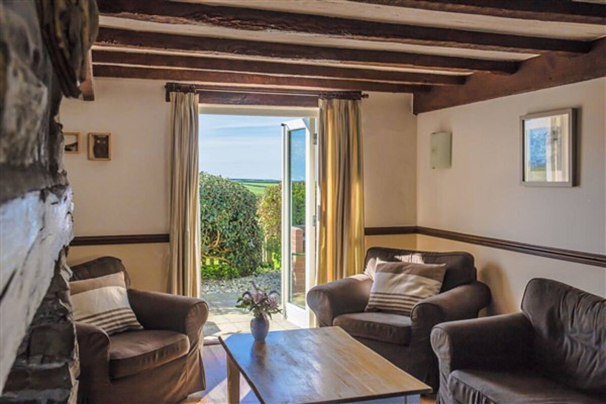Une pièce chaleureuse avec un plafond en bois, deux canapés en cuir, une table basse en bois et une vue sur un jardin par une porte ouverte.