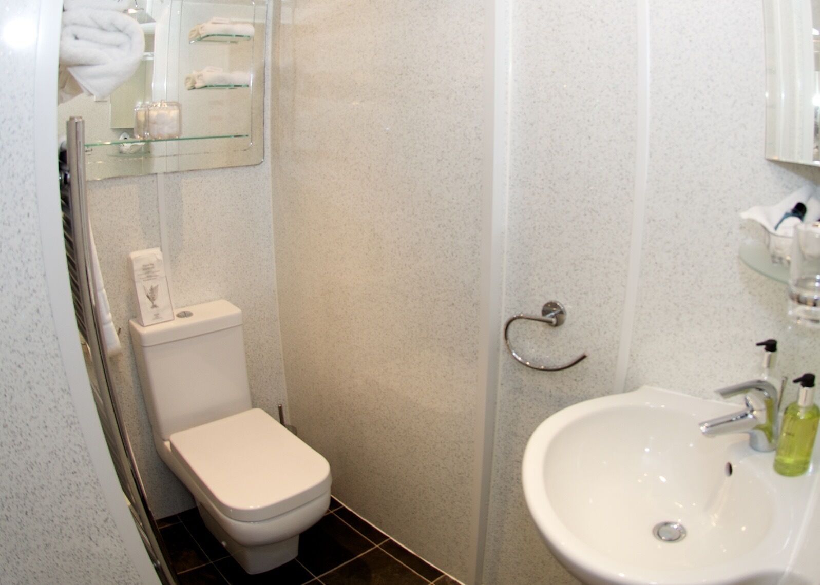 Casa de banho compacta com sanita, cabine de duche em vidro e lavatório com artigos de higiene pessoal.