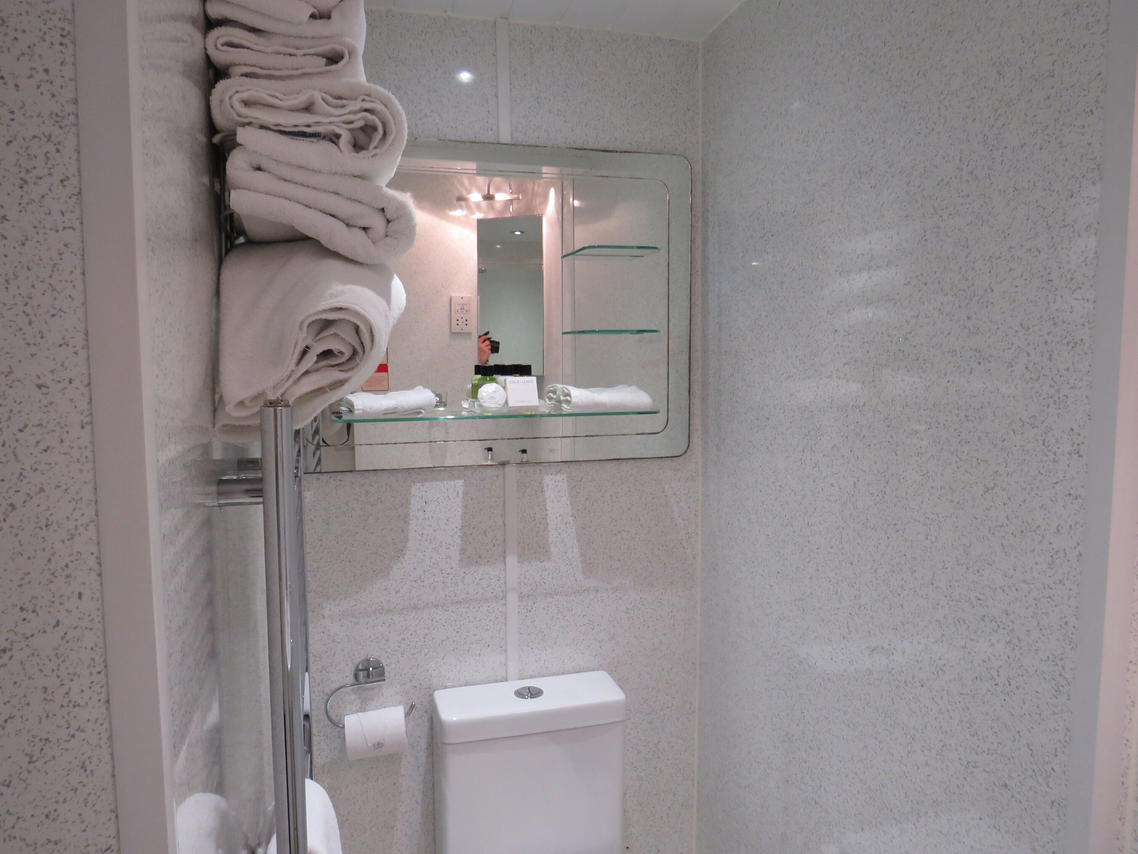 A bathroom with a glass shower enclosure, a toilet, a towel rack with folded towels, and a mirror above the sink.