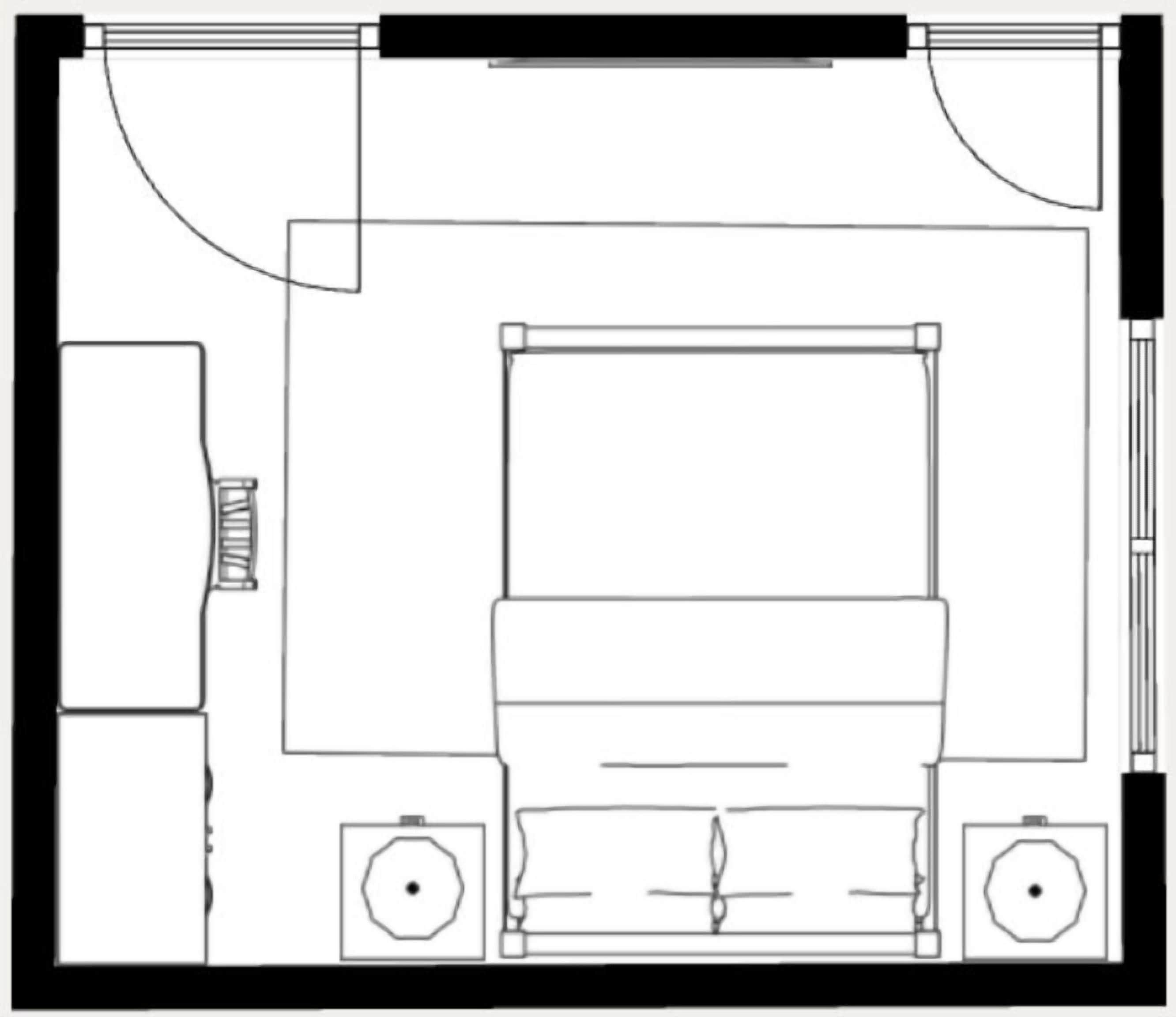 Een plattegrond met een bed, nachtkastje en twee kleine bedlampjes.