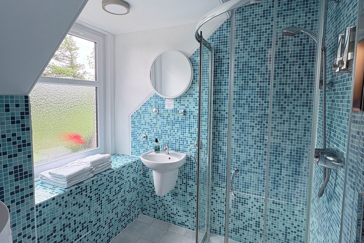 Une salle de bain avec douche, lavabo et toilettes.