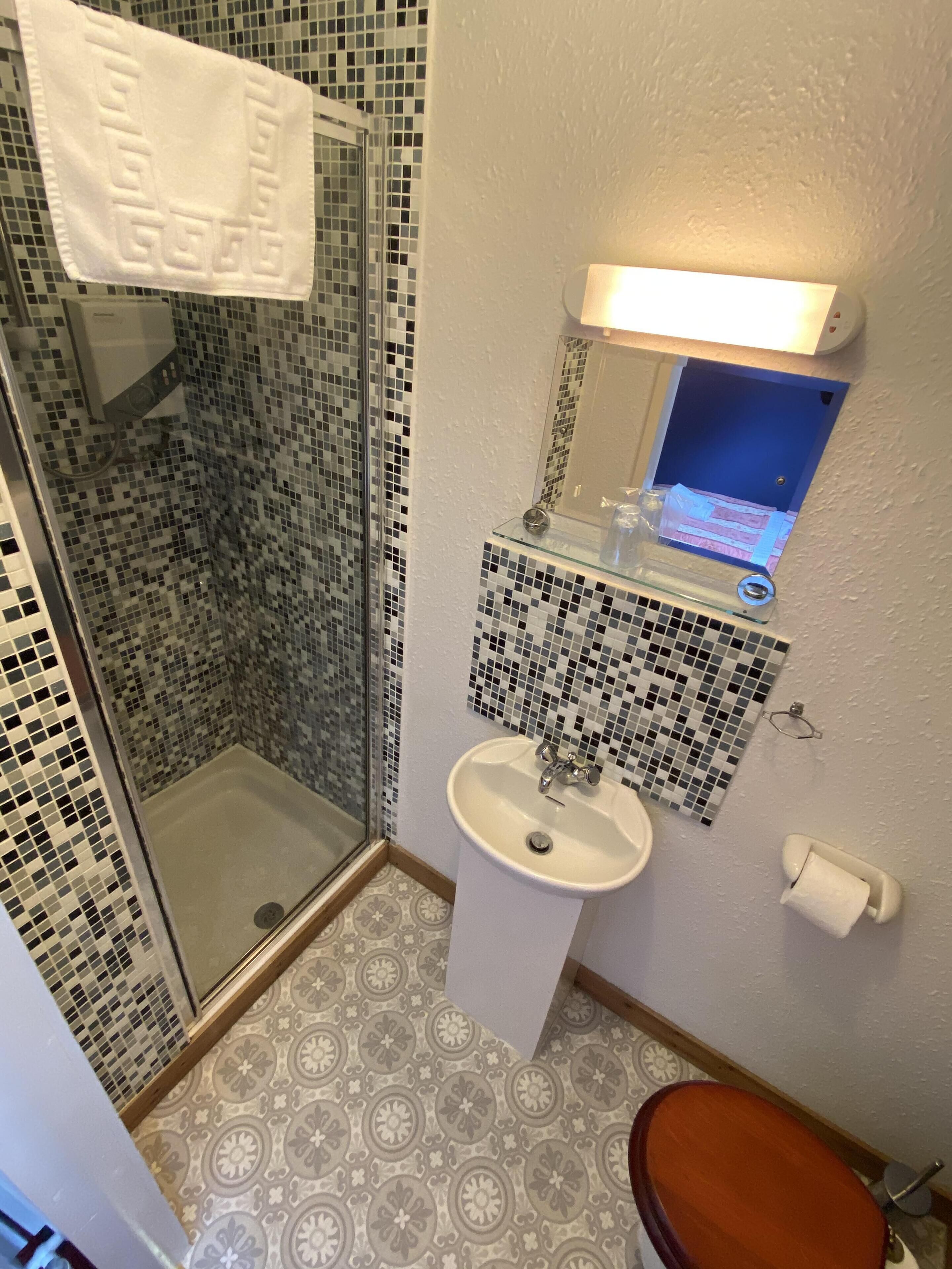 A bathroom with a shower, a sink, a toilet, and a mirror.