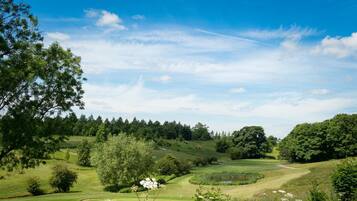 A golf course with rolling hills, trees, and a pond.