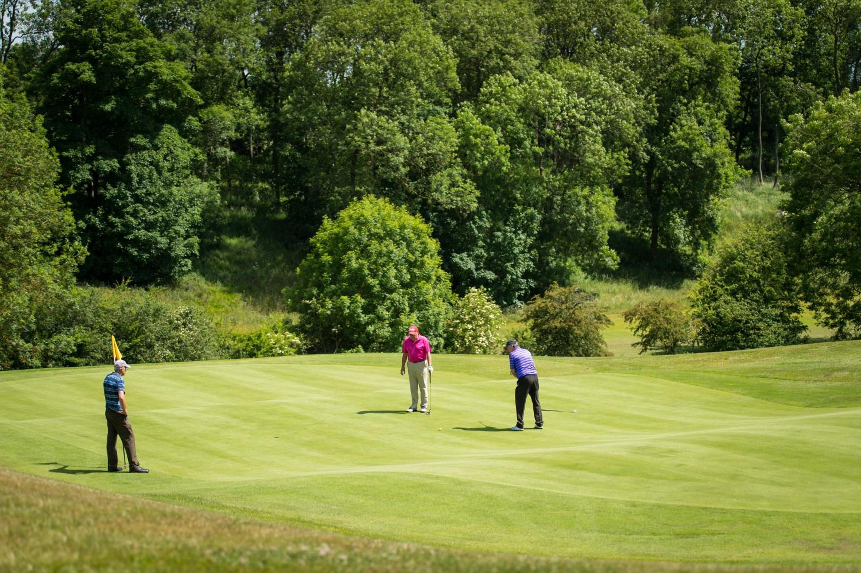 A golf course with three players in different positions.