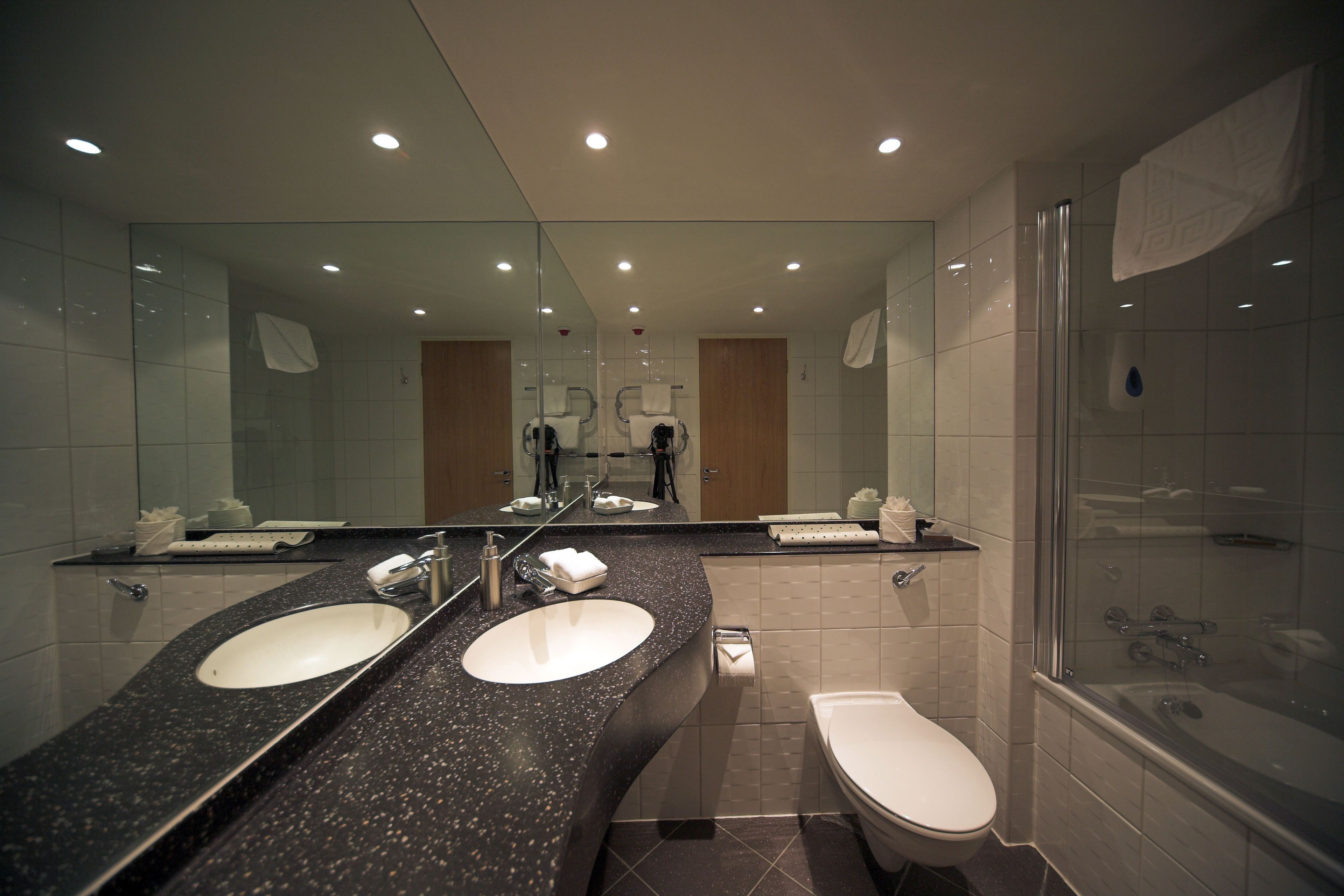 combined shower/bathtub, free toiletries, hair dryer, towels