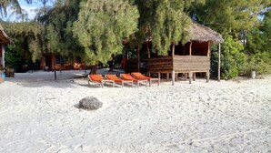 On the beach, white sand, sun loungers, beach towels - Twisted Palms Lodge & Restaurant (Bwejuu)