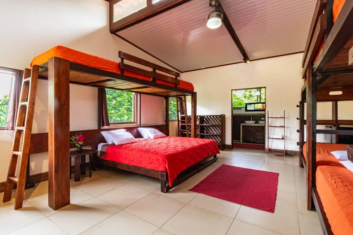 A bedroom with a bunk bed, a desk, and a chair.