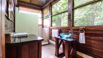 Shower, free toiletries, towels