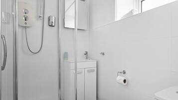 A modern bathroom with a glass shower enclosure, a white sink, and a toilet.