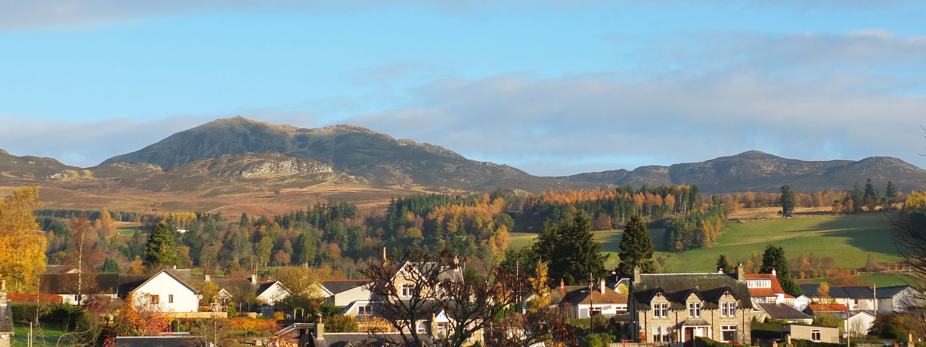 A village with houses, a mountain, and autumn trees.
