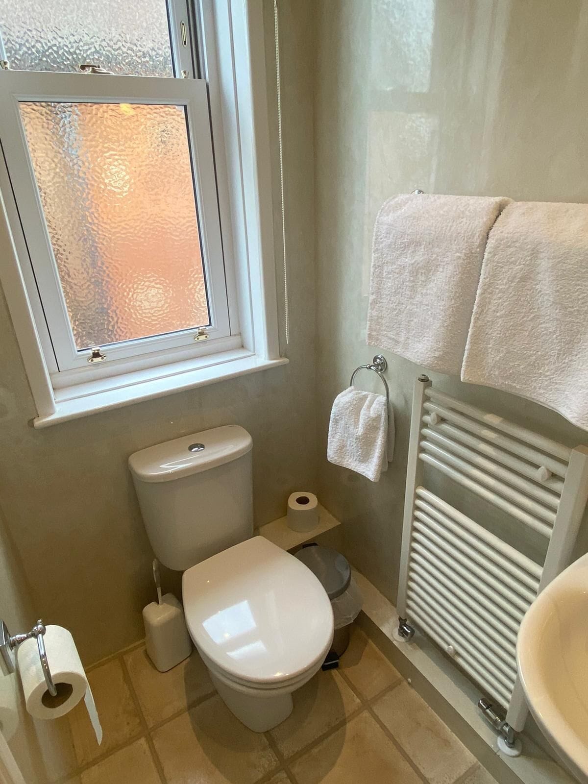 A small bathroom with a toilet, a roll of toilet paper, a towel hanging on a rack, and a window with frosted glass.