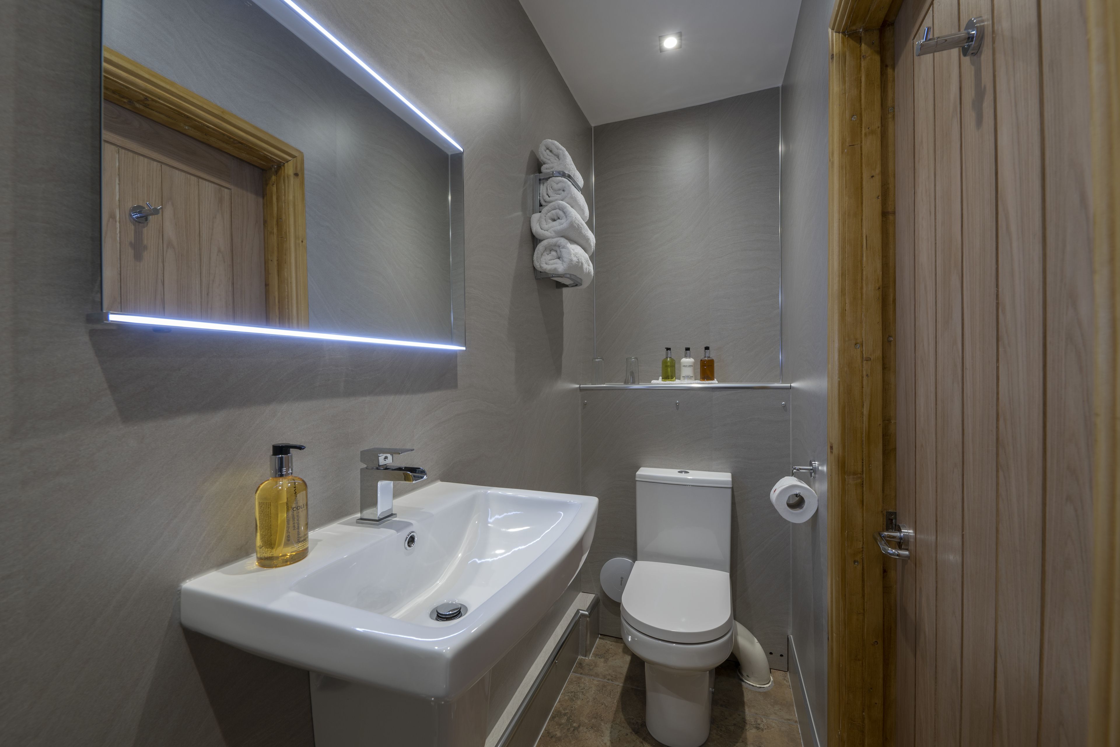 A modern bathroom with a white sink, a toilet, and a wooden door.