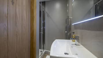 A modern bathroom with a wooden door, a glass shower enclosure, and a white sink with a soap dispenser.
