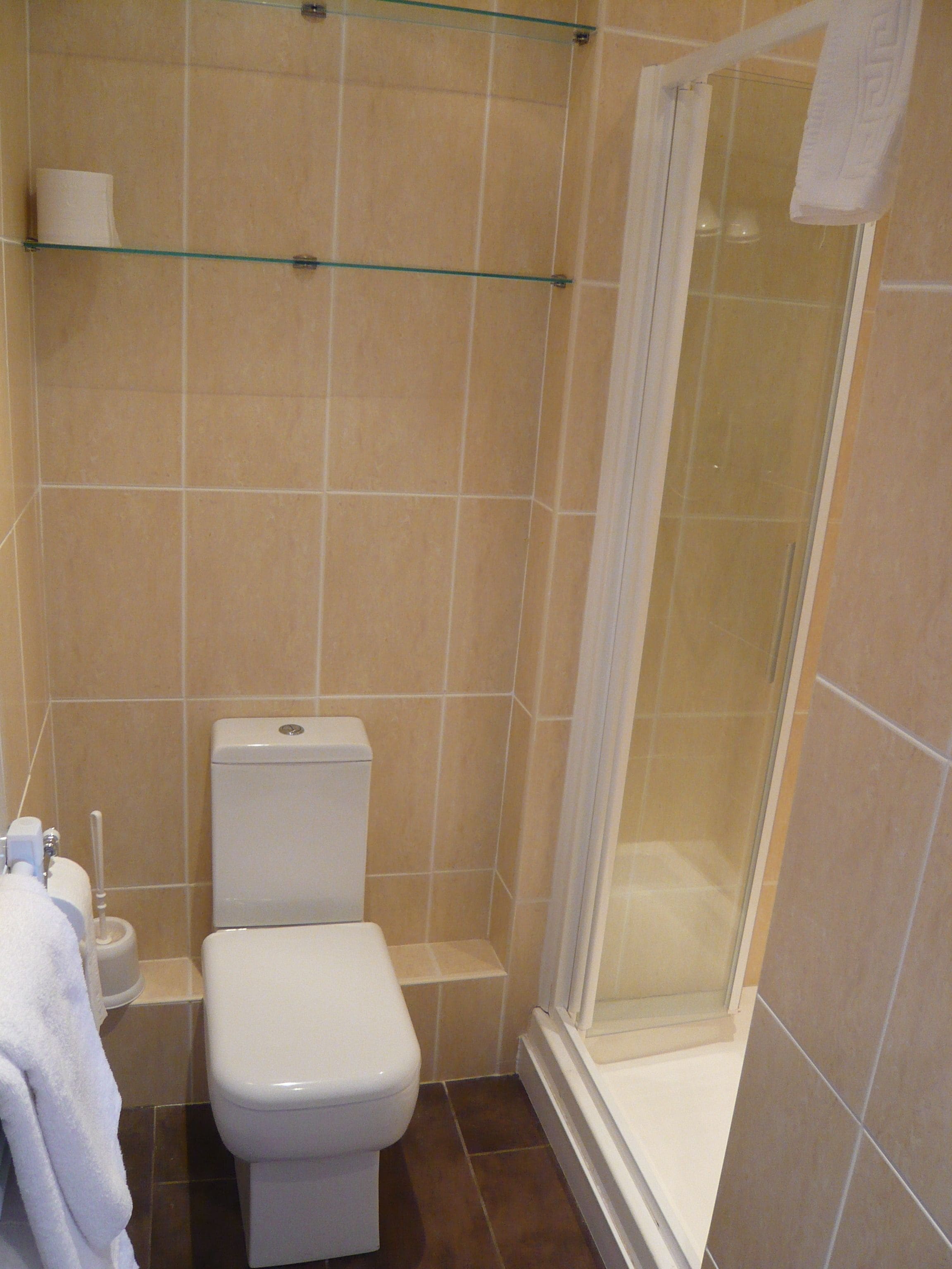 Un baño con inodoro, cabina de ducha de vidrio y un perchero para toallas.