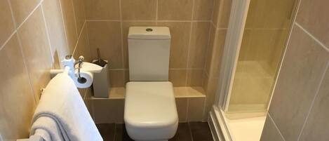 Un baño pequeño y moderno con inodoro, lavamanos y zona de ducha.