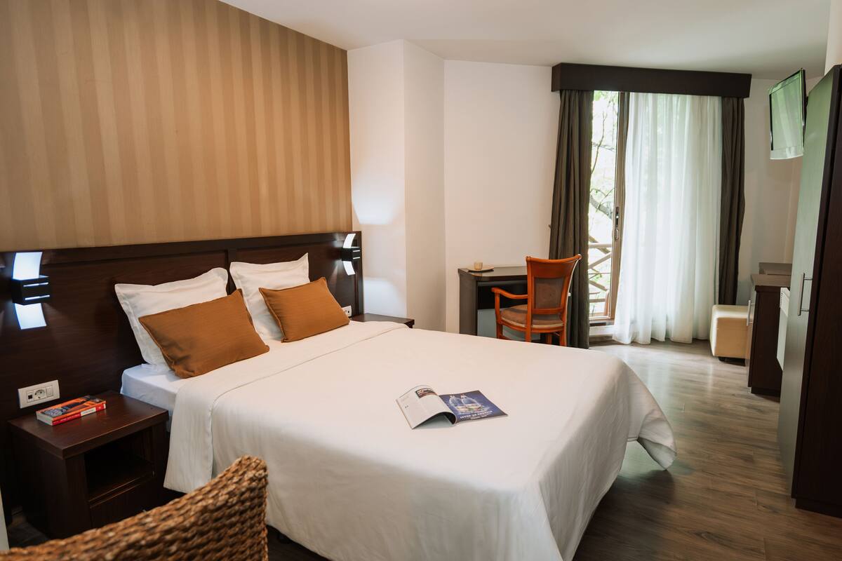 A hotel room with a large bed, a desk, a chair, and a TV.