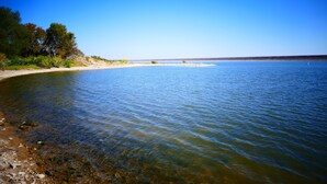 A clear view of a beach with calm water, a sandy shore, and trees in the background.