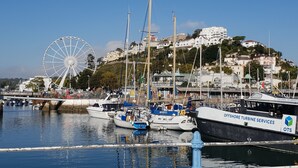 A marina with boats, a large Ferris wheel, and buildings on a hillside. - The Brandize Guest House (Torquay)