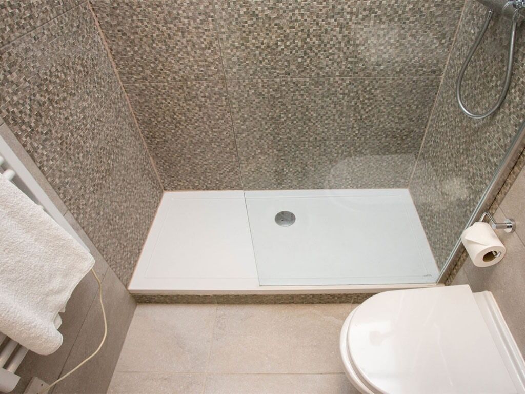 Un área de ducha con puerta de cristal, un inodoro blanco y un perchero para toallas.
