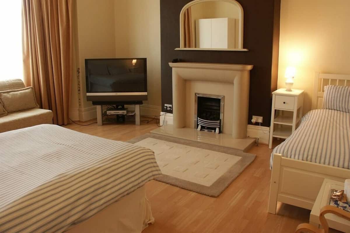 Una habitación de hotel con chimenea, televisión, cama, sofá y mesita de noche.