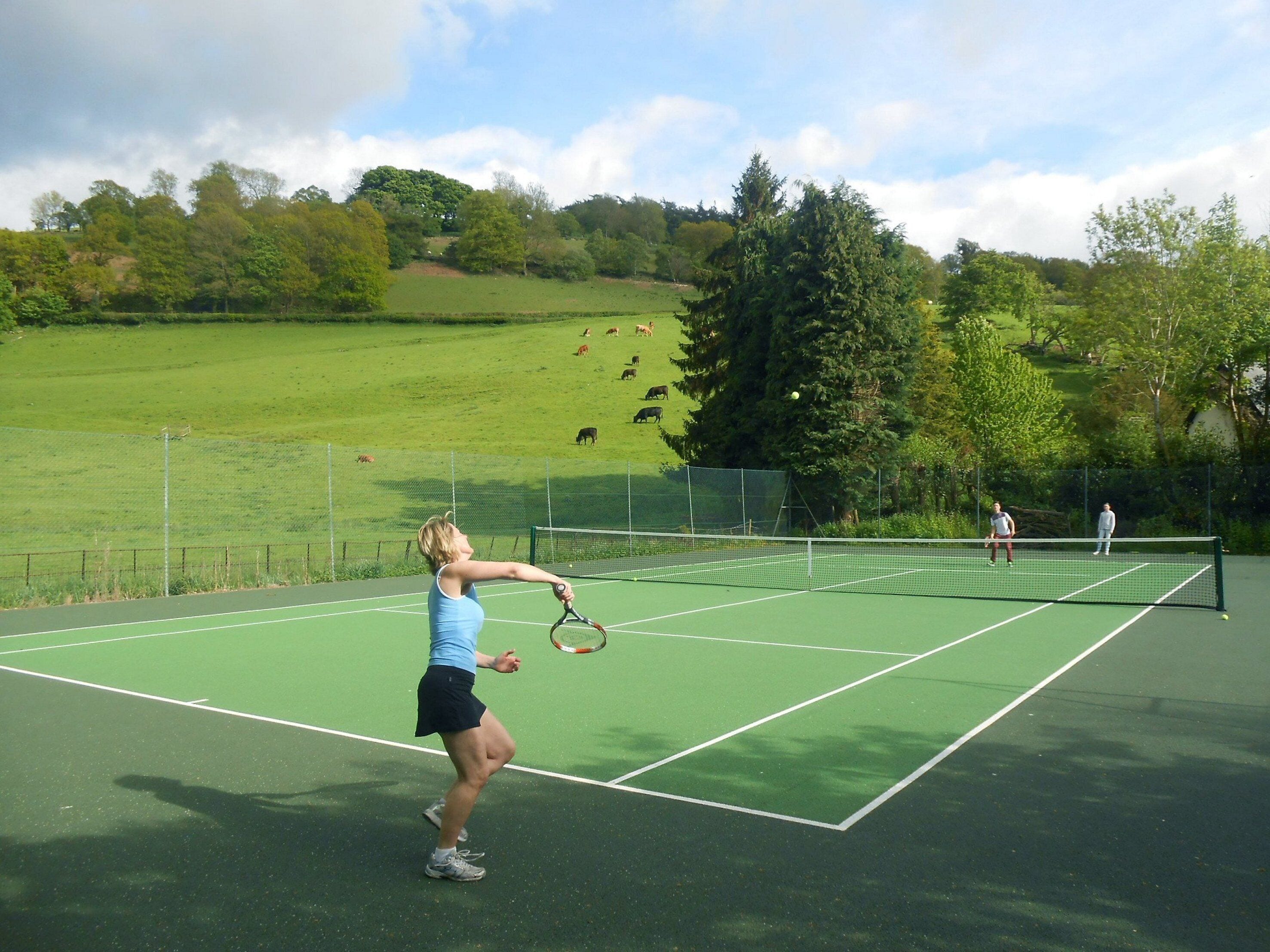 Una cancha de tenis con una red, rodeada por una valla.