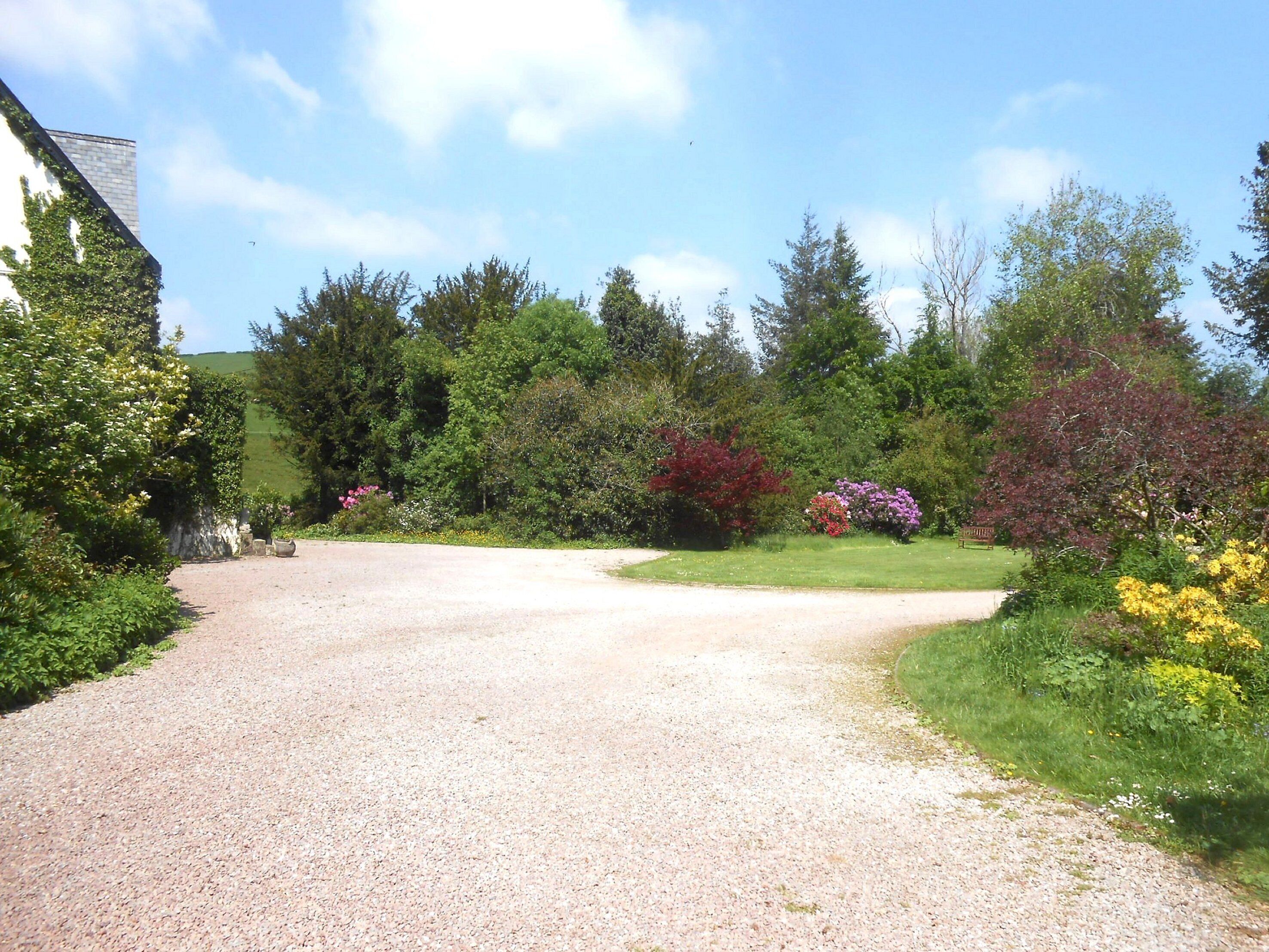 Ein Schotterweg führt zu einem Haus, das von üppigem Grün und blühenden Pflanzen umgeben ist.
