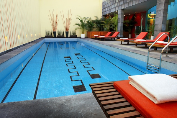 Indoor pool, outdoor pool, sun loungers