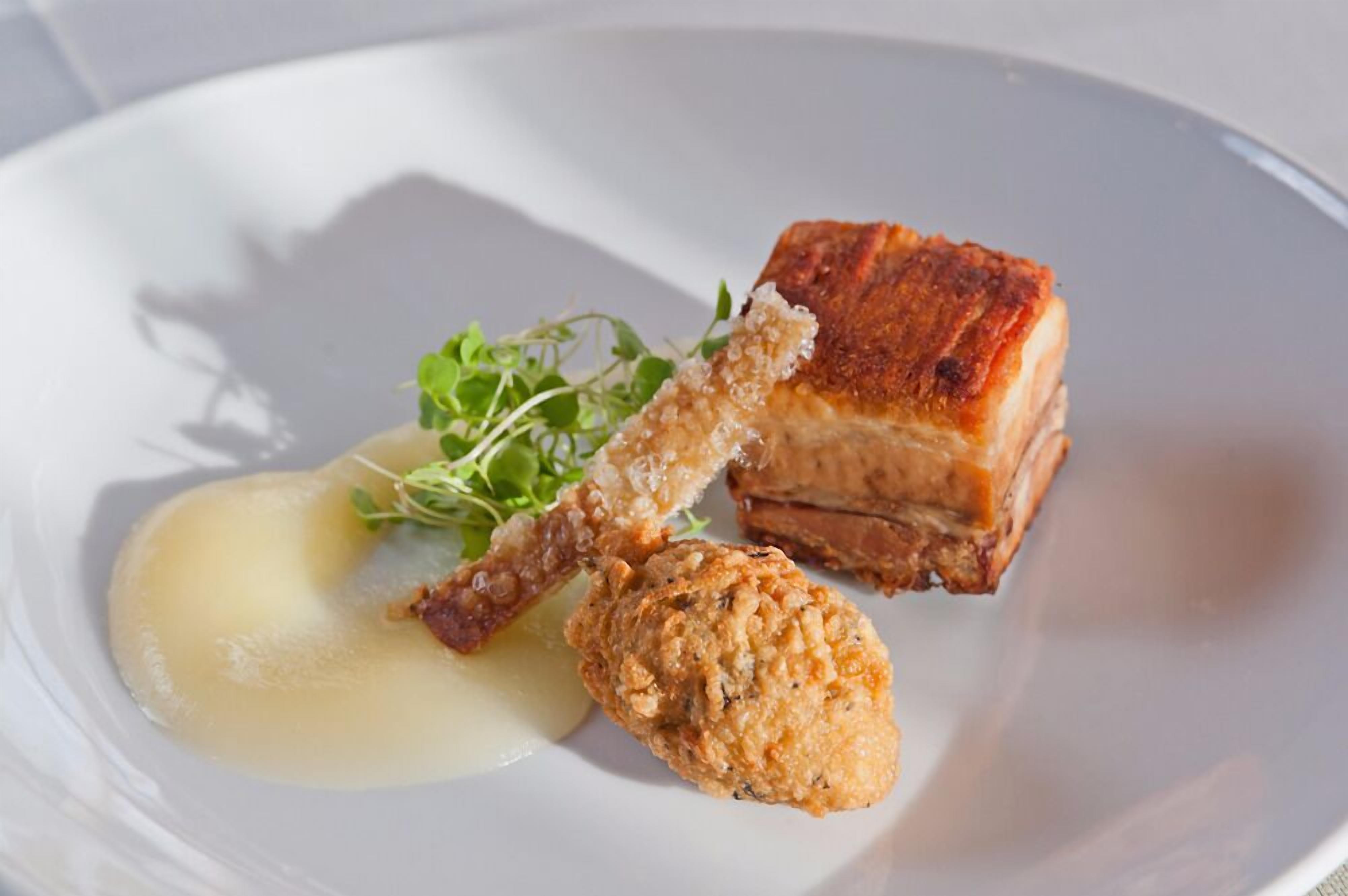 A white plate with a piece of roasted meat, a crispy item, and a small amount of sauce.