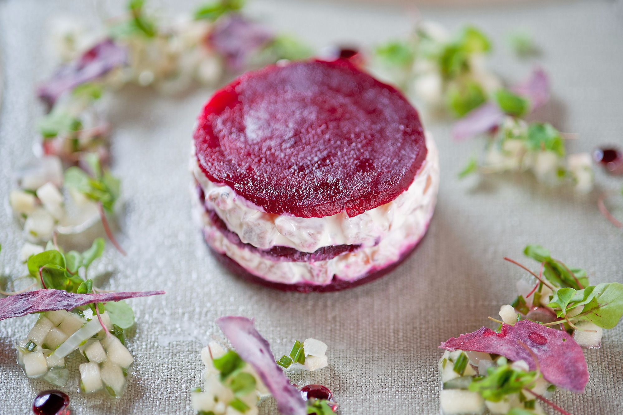 A beetroot-based dish with a creamy layer, surrounded by fresh greens and herbs.