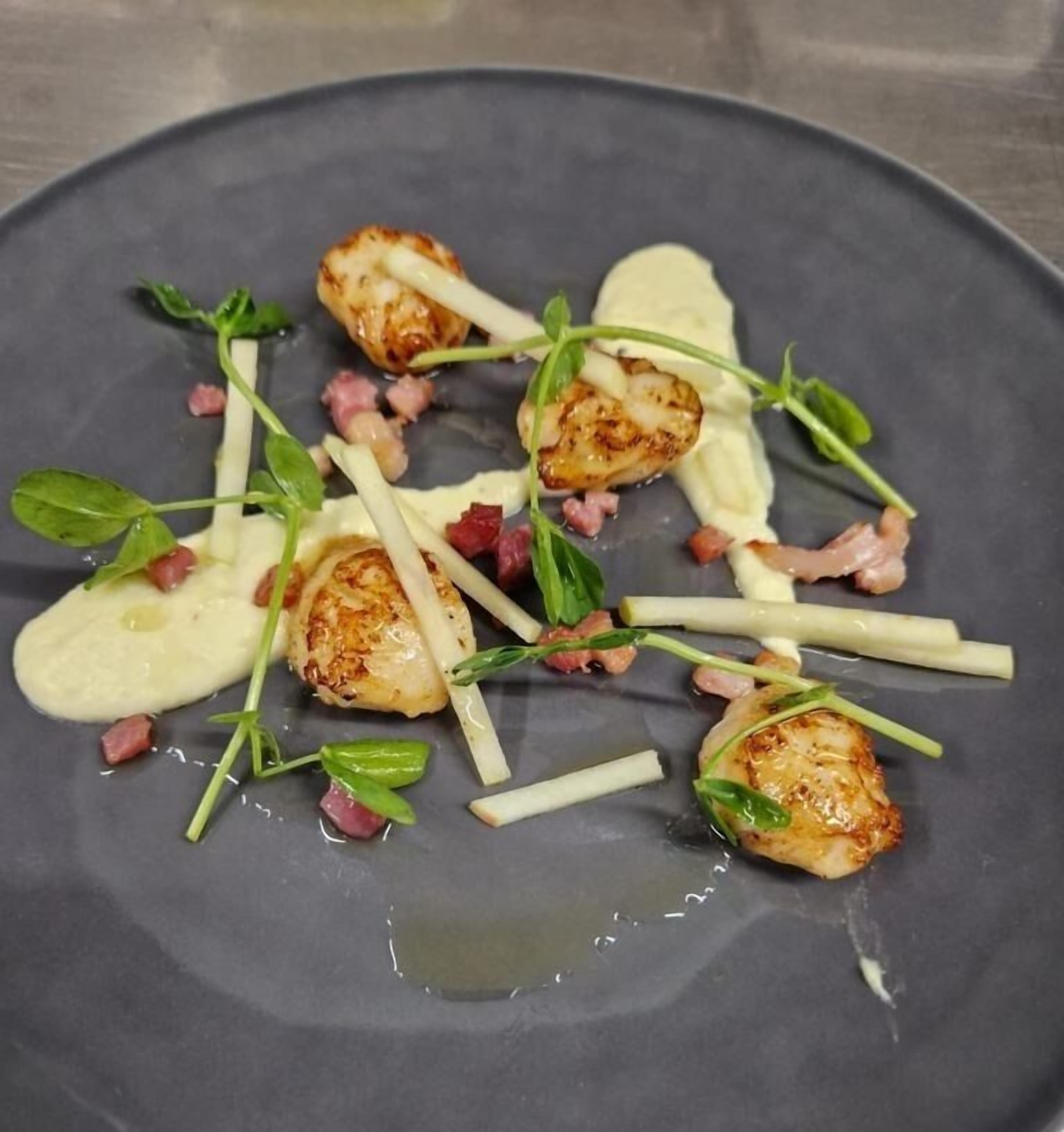 A plate of food with seared scallops, garnished with microgreens and thinly sliced vegetables.